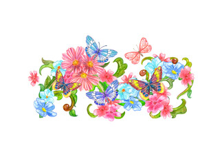 isolated border floral design with flowers and butterflies. watercolor painting