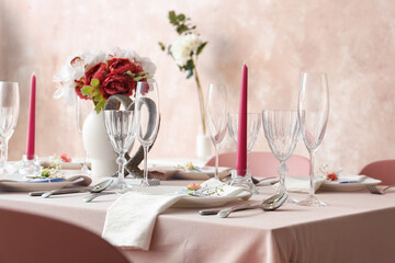 Beautiful table setting for wedding celebration in restaurant