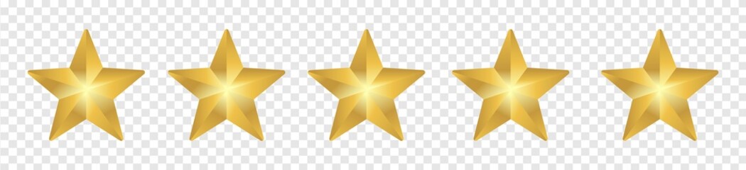 5 stars icon realistic gold. five star sign isolated on transparent background, rating symbol. vector illustration