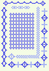 Simple vector set of cross stitch patterns is repeated for beginners. 
Graphic digital illustration. Frame. Pattern  samples  elements for creativity needlework. Production of panels, souvenirs, gifts