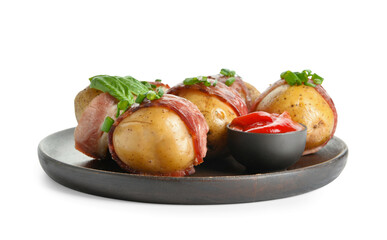 Plate of tasty baked potatoes with bacon and tomato sauce on white background