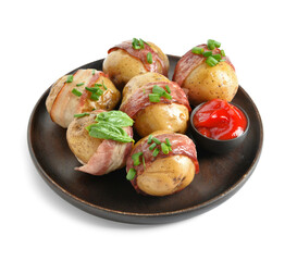 Plate of tasty baked potatoes with bacon and tomato sauce on white background