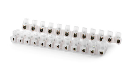 Plastic screw terminal blocks on white background. Electrician's equipment