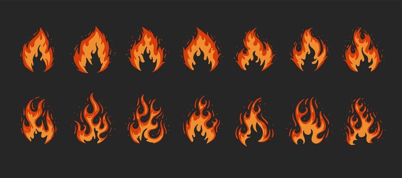 Cartoon fire flame icon collection vector. Red fire, fire element, fireball, heat wildfire, flame hand drawn vector illustration set.