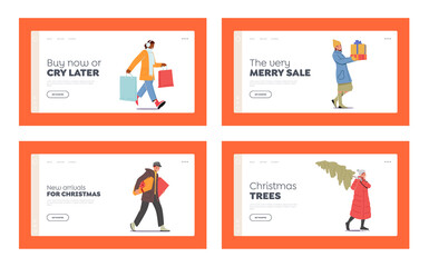 Happy People Carry Gift Boxes, Buying Presents on Fair Landing Page Template Set. Characters Walk, Hurry for Christmas