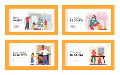 Christmas Preparation Landing Page Template Set. Happy Family Decorate House for Celebration. Parents and Kids Cooking