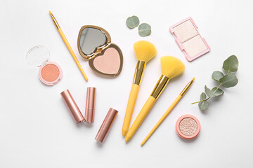 Fototapeta na wymiar Set of decorative cosmetics with makeup brushes on white background