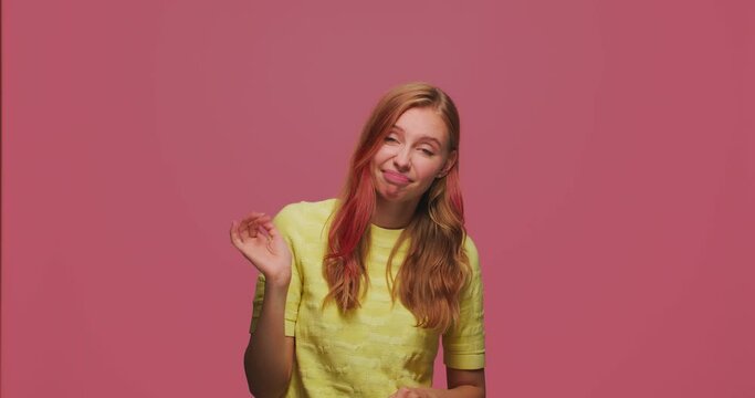 So-so gesture. Puzzled doubtful skeptic young girl waving palm hand, frowning, grimacing expressing doubting, hesitating