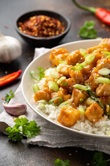 General Tso Tofu with rice, green onion and pak choi. Asian Vegan Food