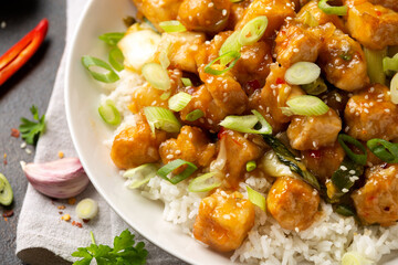 General Tso Tofu with rice, green onion and pak choi. Asian Vegan Food