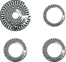 Tire tracks texture. Tire tracks circle set. Tire tread marks, isolated wheel texture, tire marks - drift, rally, races, off-road motorcycle Tire tracks. Tire tracks bicycle mark prints