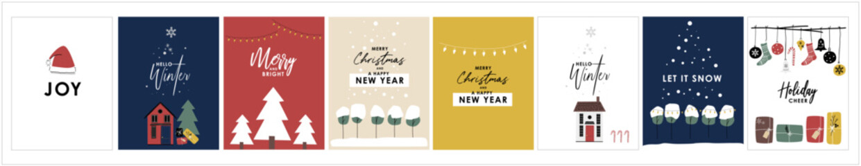 Christmas Winter Holiday cards set vector graphic elements - Merry and Bright, Hello Winter, Joy, Merry Christmas and a Happy New Year, Holiday Cheer, Let it Snow - 