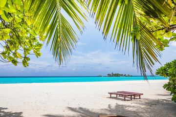 Fototapeta na wymiar A paradise beach, an island with turquoise water and beautiful exotic flora - Maldives