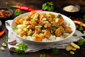 General Tso Tofu with rice, green onion and pak choi. Asian Vegan Food