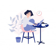 Woman working with computer. Concept illustration, working process, management, freelance, office, work from home, business meeting via internet, communication. Girl with coffee