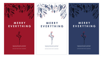 Christmas, Winter holiday graphic design set. Winter plants and berry with placeholder typography. Elements of leaf, ornaments and text. Seasonal party invitation, greetings, corporate email, header 