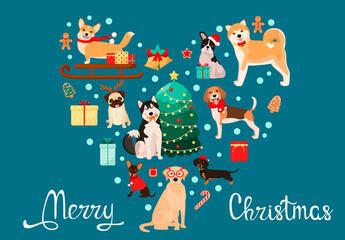 Christmas card with cute dogs in cartoon style.
