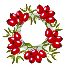 Large red berries and green leaves in a cartoon style are arranged in a circle with a white center. Suitable for Christmas winter greeting card lettering, labels.