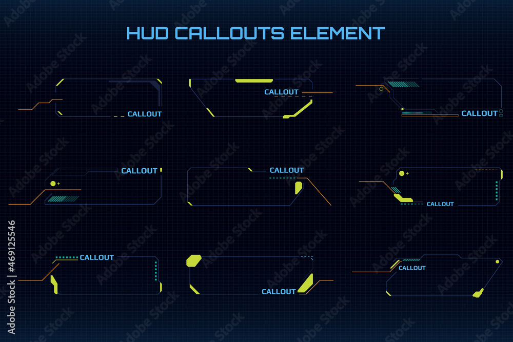 Poster HUD Title Creative Callouts Digital Futuristic Technology Scifi Element Vector. UI Information Frame for Game, Screen, Status Report Illustration.