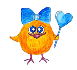 Yellow chicken with fluffy feathers. Blue bow and heart shape lollipop. Big blue eyes and smile. Sweet and cheer up watercolor kid illustration. Nice little thing, greeting card.