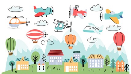 Kids nursery poster with airplanes, air balloons and clouds. Children wallpaper with houses, mountains and flying planes, vector landscape