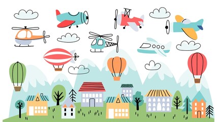 Kids nursery poster with airplanes, air balloons and clouds. Children wallpaper with houses, mountains and flying planes, vector landscape © Tartila