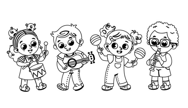 Black and white kindergarten children's music group. Vector illustration.
