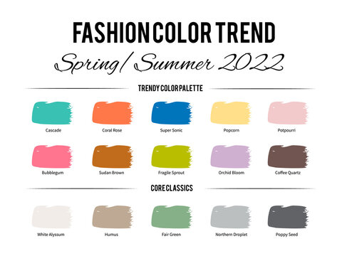 Fashion Color Trend Spring Summer 2022. Trendy colors palette guide. Brush strokes of paint color with names swatches. Easy to edit vector template for your creative designs