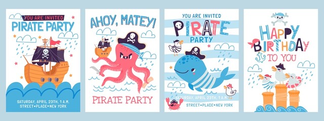 Cartoon pirate birthday party invitation cards for kids. Happy sea adventure posters with pirate ship, octopus, seagull and whale vector set