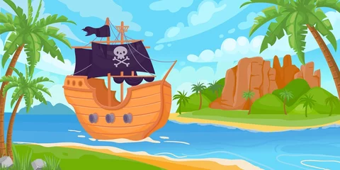 Fotobehang Sea landscape with tropical treasure island and sailing pirate ship. Cartoon kids marine adventure game background. Pirate boat vector scene © Tartila