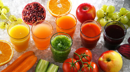 Glasses with fresh organic vegetable and fruit juices
