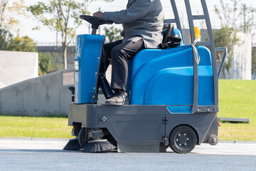 cleaning floor with machine