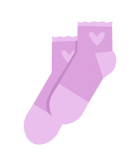 Pair of violet socks. Winter clothes, warm feet. Wear for girls, style, fashion, home comfort and coziness. Gift for loved one, health care. Button, badge, icon. Cartoon flat vector illustration
