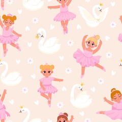 Cartoon little ballerina girls and swans seamless pattern. Fairy princess in pink dresses dancing ballet. Cute dancers for vector wallpaper © Tartila