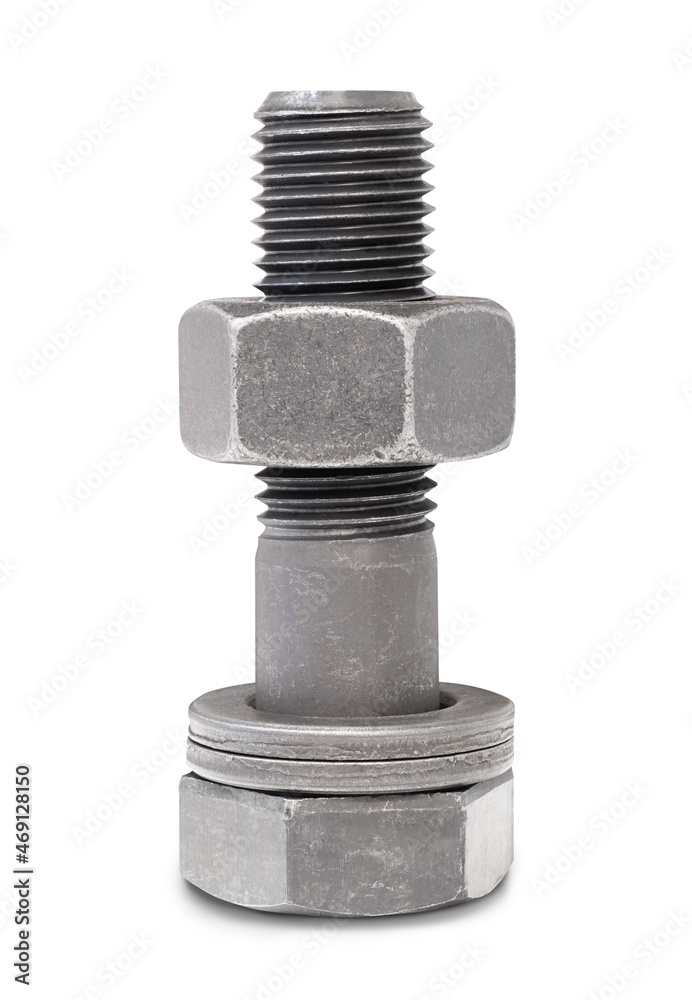 Poster big power bolt assembly with a washer and a nut stands on a head isolated on a white background