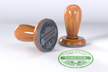Partner stamp. Wooden round stamper and stamp with text Certified on white background. 3d illustration. rubber stamp.