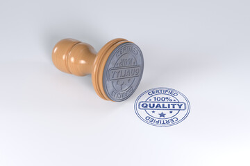 Blue superior quality stamp with wooden stamper isolated on white background.