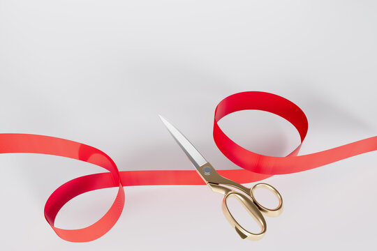 Red ribbon golden scissors cutting with Text space 3D rendering