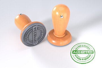 Accepted stamp. Wooden round stamper and stamp with text Certified on white background. 3d illustration. rubber stamp.