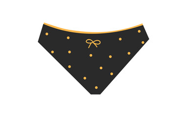 Underwear with dots. Womens beauty, style, fashion. Sexy lingerie, erotica, card design with goods. Luxury, dark black, gold yellow. Sticker, badge icon button. Cartoon flat vector illustration