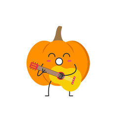 Pumpkin plays the guitar sings cute character cartoon joy vegetable happy face emotions icon vector illustration.