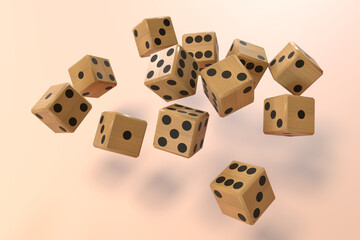 Wooden game dice bouncing against a cream background