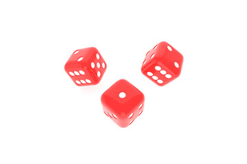 Red game dice in flight. Casino gambling. 3d illustration