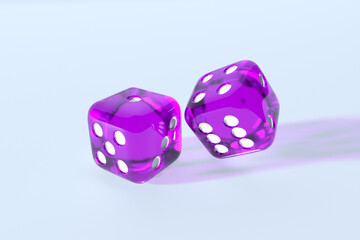 Purple game dice in flight. Casino gambling. 3d illustration
