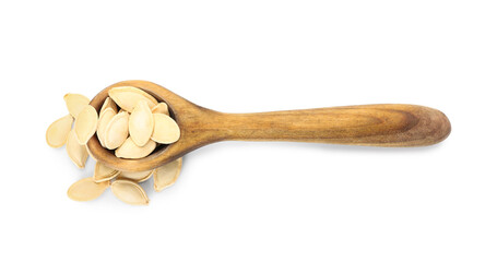 Spoon with pumpkin seeds on white background