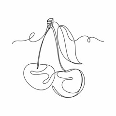 Vector continuous one single line drawing icon of sweet cherry fruits in silhouette on a white background. Linear stylized.