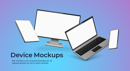 Device poster with floating realistic gadgets mockup with empty screens. 3d phone, laptop, monitor and tablet. Smart technology vector scene