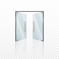 Realistic glass door with metal handles. Modern clear doors with steel frame for shop store mall