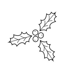 Naklejka premium Holly Berries with Green Leaves. Christmas icon. Element for design isolated on white background. Hand drawn sketch. Vector illustration in trendy line style.