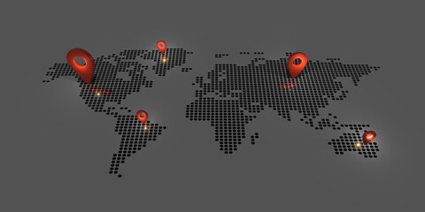 pin on world map Dark tones and glow pins global business communication 3d illustration